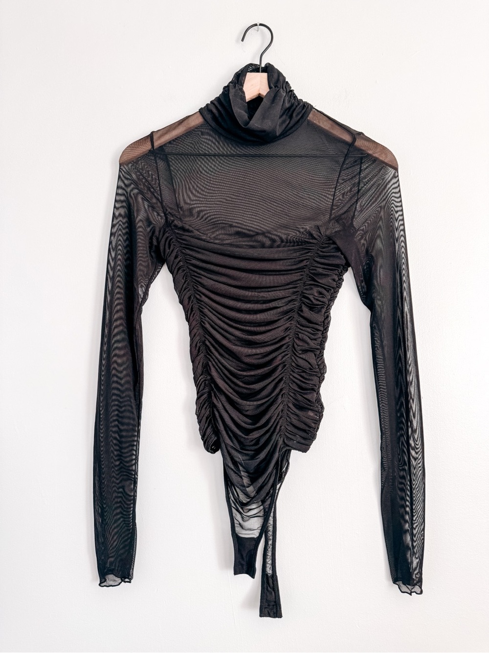 Intimately Free People Black Ruched Mesh Turtleneck Bodysuit Top Size Small